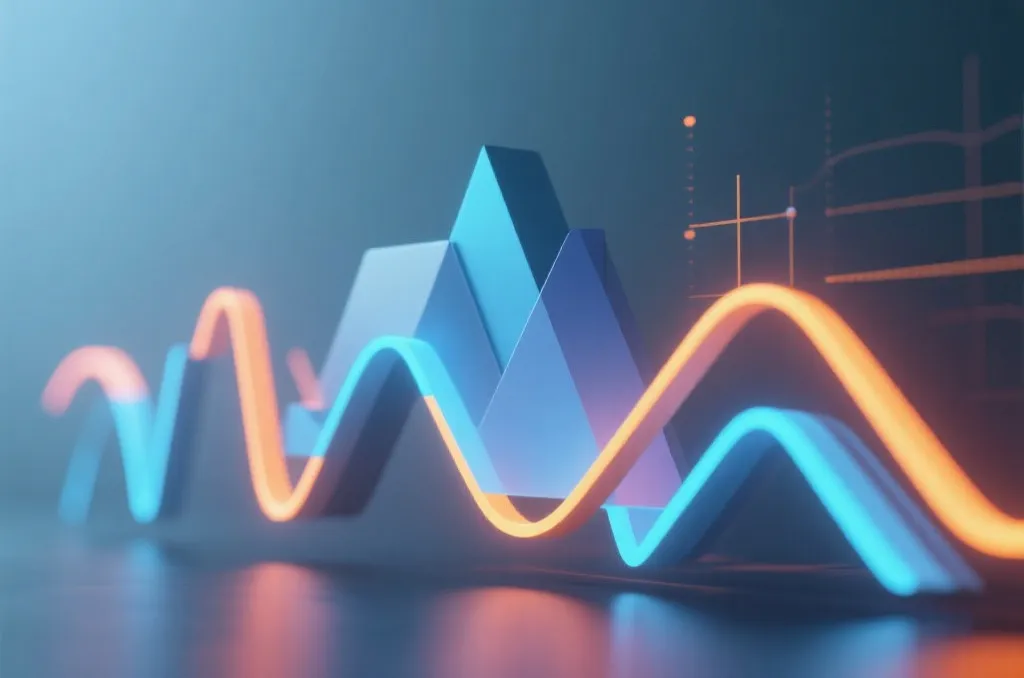 Abstract 3D visualization of probability curves and geometric shapes representing data analysis